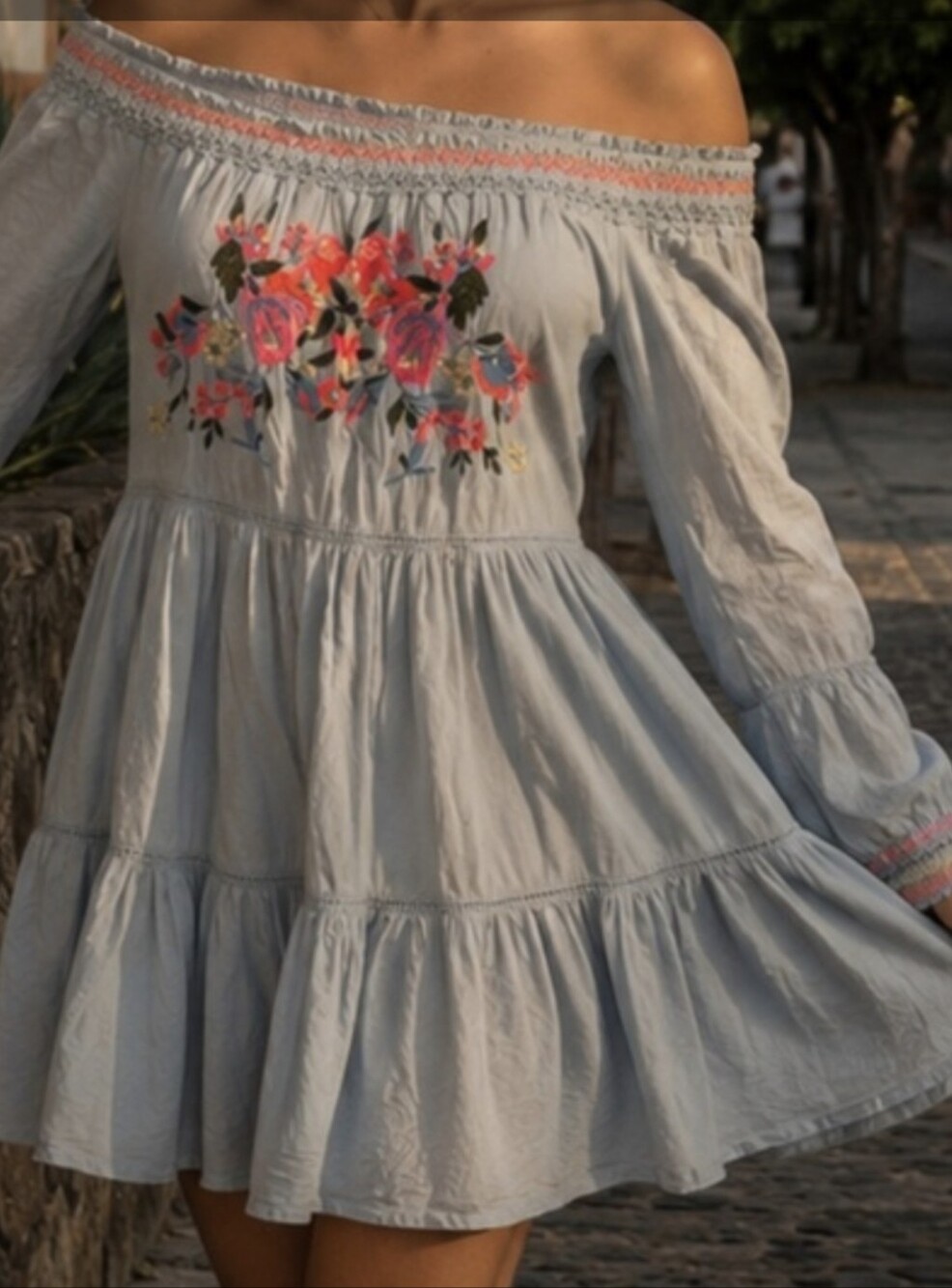 Blue Floral Embroidered  Dress